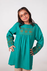 Teal Green Khaddar Embroidered Top | Girls Winter Ethnic Wear